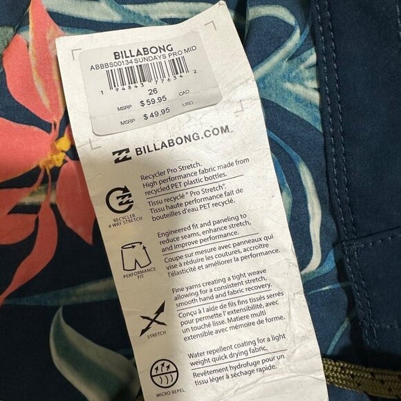 Billabong Big Boys Size 26 Blue Sundays Pro Mid Recycler Board Shorts Swim‎ NWT - Picture 7 of 8